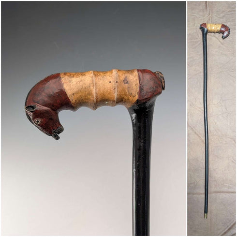 ヴィンテージ ブラックシャフト 彩色 馬彫刻ハンドル ステッキ 杖 94cm