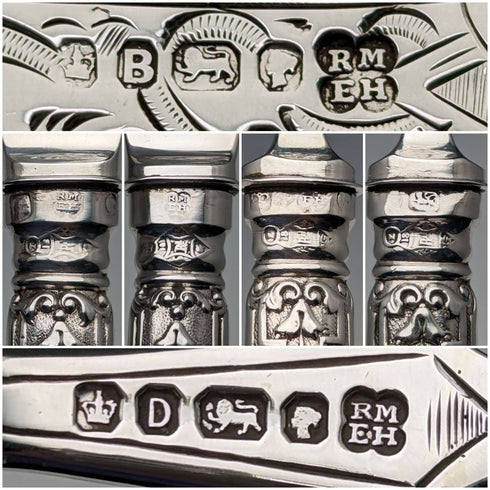 1871 British antique all-sterling silver fish cutlery set, 6 pairs, total 608g, Martin and Hall, with tray
