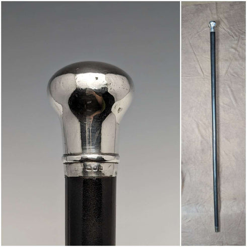 1922 British antique gentleman's walking stick, black shaft, pure silver, round handle, 92cm