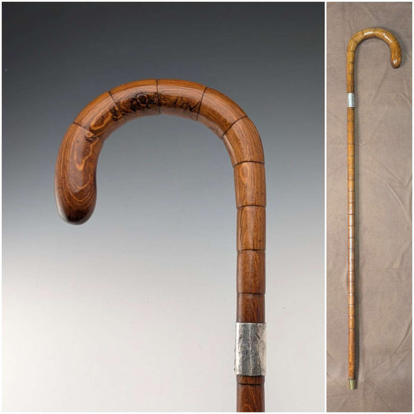 1921年頃 英国アンティーク ブラウンシャフト 曲がりハンドル 純銀装飾 ステッキ 杖 88cm