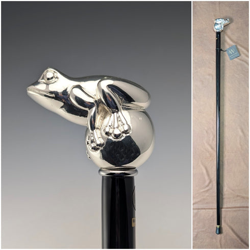 【新品】イタリア製 純銀製フロッグハンドル ブラックシャフト ステッキ 杖 92cm