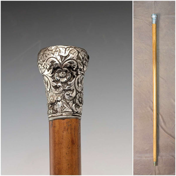 Circa 1900 Antique Malacca Shaft Sterling Silver Rondelle Handle Walking Stick 90cm