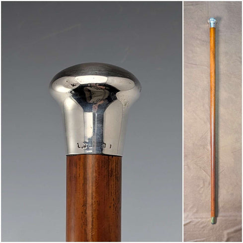 1924 British antique tan shaft sterling silver rondelle handle walking stick 89cm