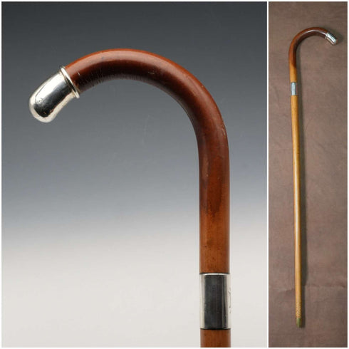 1914 British Antique Thunk Shaft Sterling Silver-Mounted Large-Curved Handle Walking Stick Cane 93 cm