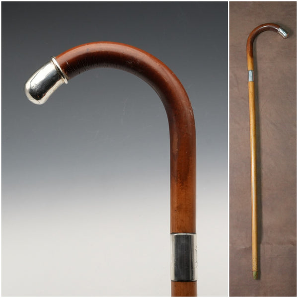 1914年 英國古董 坦沙木 純銀裝飾 大彎柄 手杖 93cm