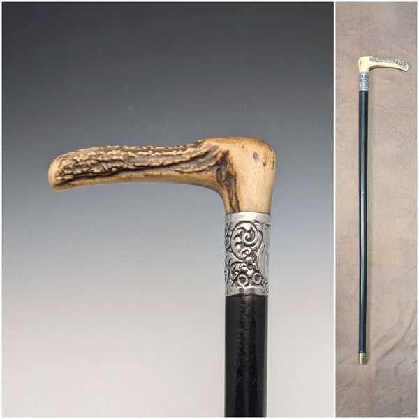 1911年英國古董黑軸純銀鹿角L型手柄手杖,77厘米