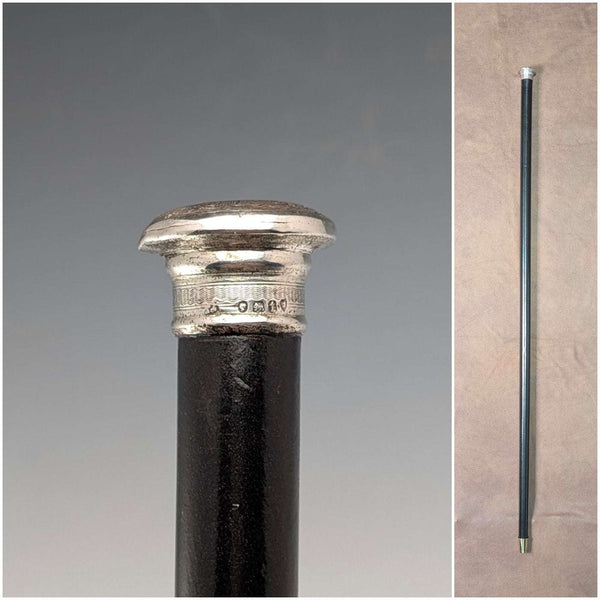 1874 British Antique Walking Stick with Black Shaft and Sterling Silver Engraved Rondelle Handle, 82cm