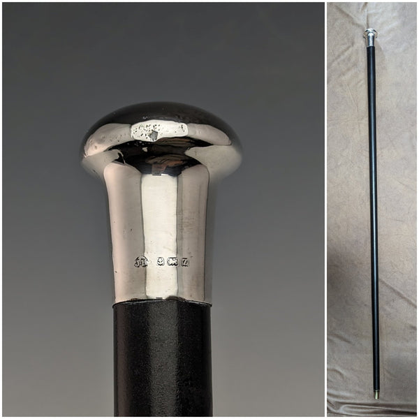 1924年 英国ヴィンテージ 紳士用ステッキ 純銀製 丸ハンドル ブラックシャフト 91.5cm