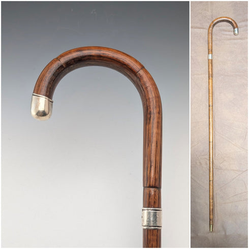 Circa 1928 British Vintage Brown Shaft, Curved Handle, Sterling Silver Ornamented Walking Stick, 85cm