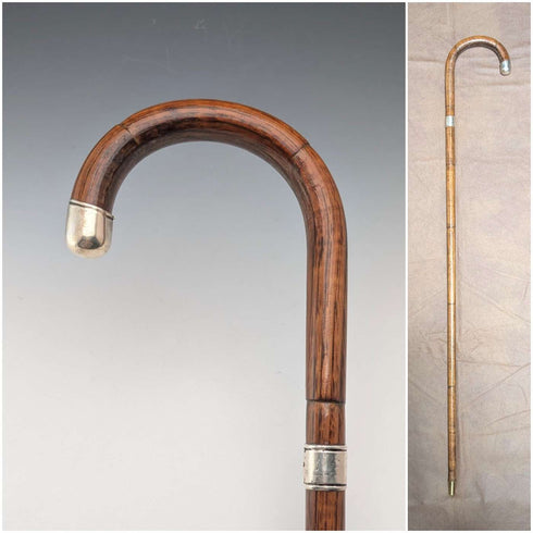 Circa 1928 British Vintage Brown Shaft, Curved Handle, Sterling Silver Ornamented Walking Stick, 85cm