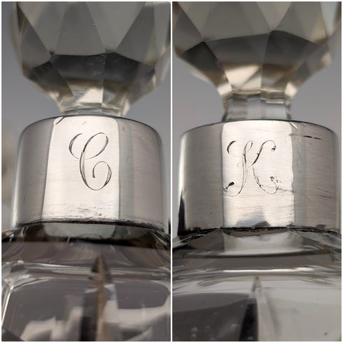 1922 British Antique Sterling Silver Cut Glass Perfume Bottles, Pair, Arthur Graf