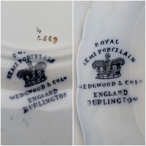 Pair of antique British Burlington pattern semi-porcelain side plates by Wedgwood & Co.
