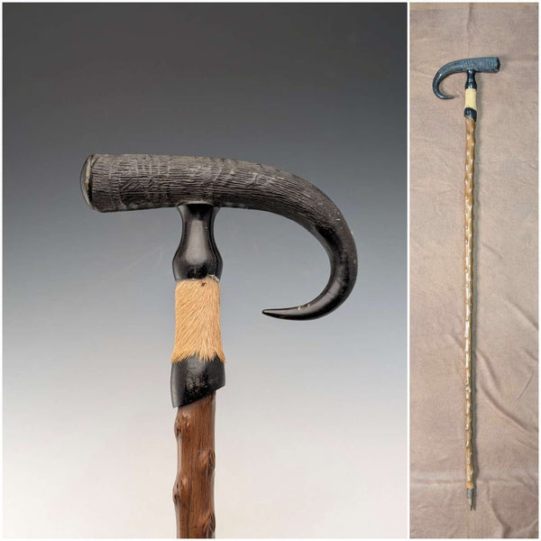 Vintage Chamois Horn and Leg Handle Men's Walking Stick Brown Shaft 91cm