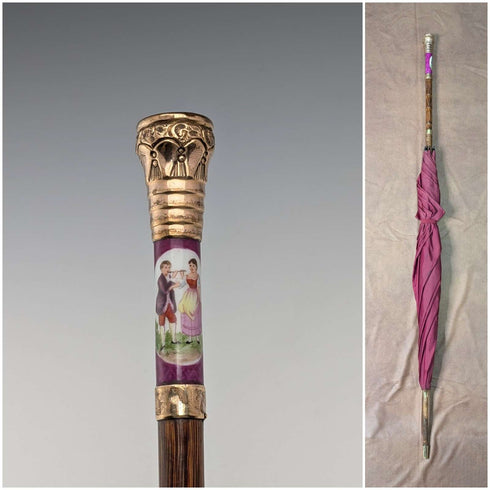 Vintage British ladies umbrella with gold-plated enamel handle, purple, 86cm