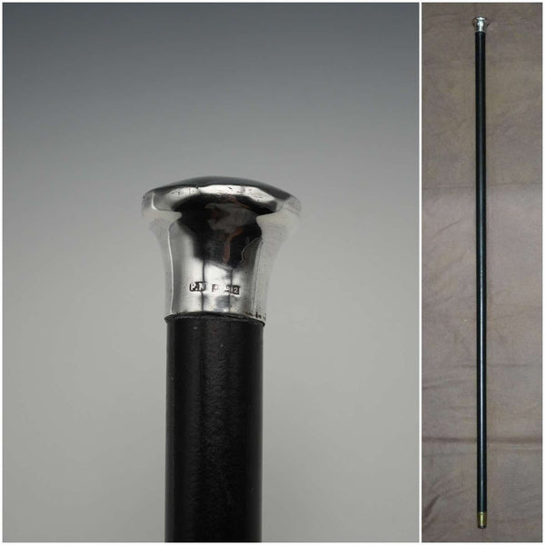 1965 Vintage British Black Shaft Sterling Silver Plain Rondel Handle Walking Stick 90cm