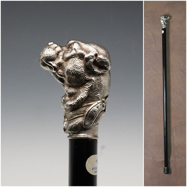 Italian Vintage Black Shaft Sterling Silver Dog Head Handle Walking Stick Cane 78cm