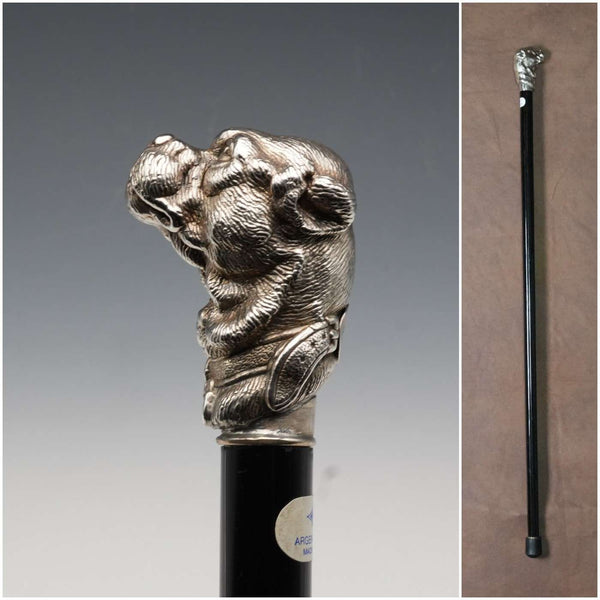 Italian Vintage Black Shaft Sterling Silver Dog Head Handle Walking Stick Cane 78cm