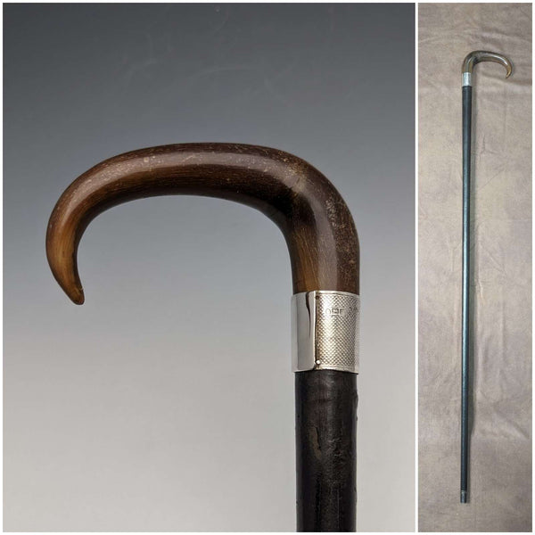 1907 年英國古董男士手杖牛角手柄純銀裝飾黑軸 88 厘米
