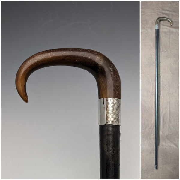 1907 British Antique Men's Cane Horn Handle Sterling Silver Decoration Black Shaft 88cm
