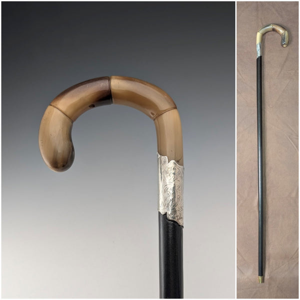 1920年英國古董黑軸牛角彎柄純銀裝飾手杖88厘米