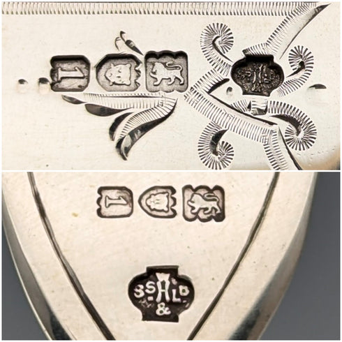 1906年 英国アンティーク 彫刻白蝶貝ハンドル 純銀ブレード デザートカトラリー6ペア William Hutton 木箱入り