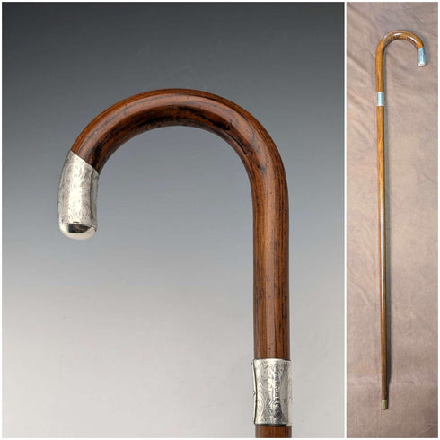 1921 年英國古董棕色手柄,彎曲手柄,純銀裝飾,手杖,92 厘米,J Howell & Co.