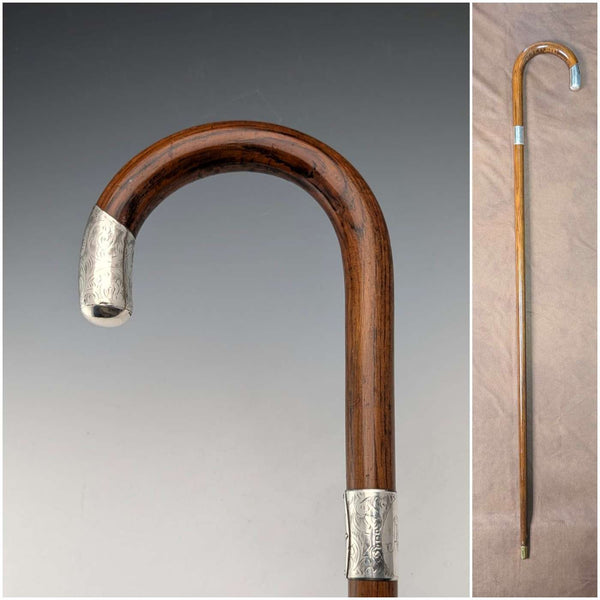 1921年 英国アンティーク 茶軸 曲がりハンドル 純銀装飾 ステッキ 杖 92cm J Howell&Co