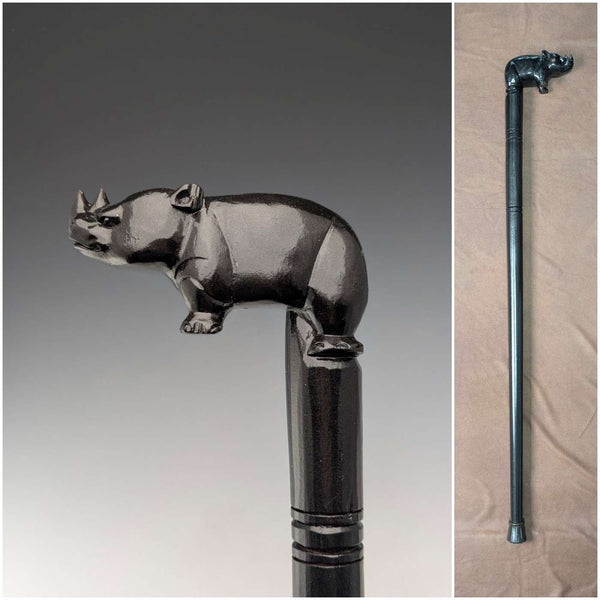 Vintage Thick Black Shaft Rhino Carved Handle Walking Stick 83cm