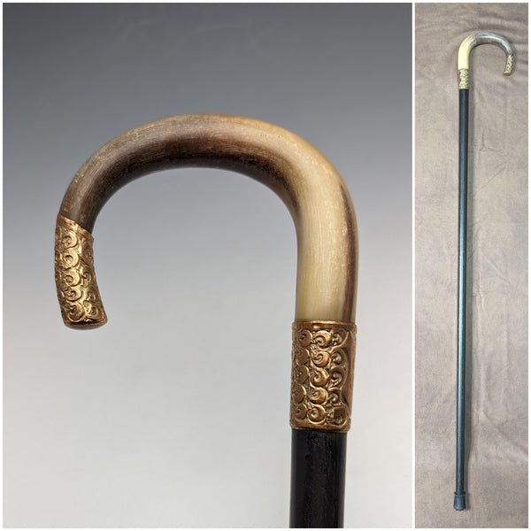 Circa 1914 British Antique Men's Cane Horn Bent Handle Black Shaft 85cm