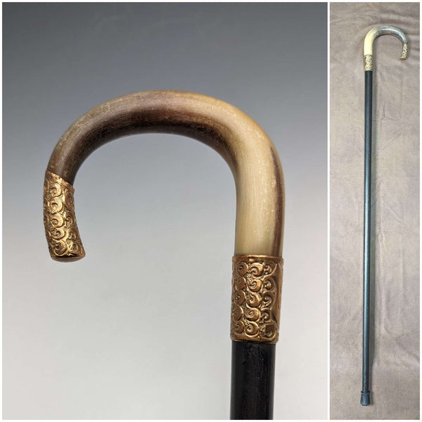 約 1914 年英國古董男士手杖角彎柄黑軸 85 厘米