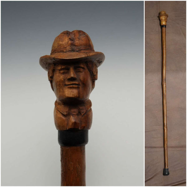 Vintage Tan Shaft Hat-Wearing Man Sculpted Handle Walking Stick Cane 96cm