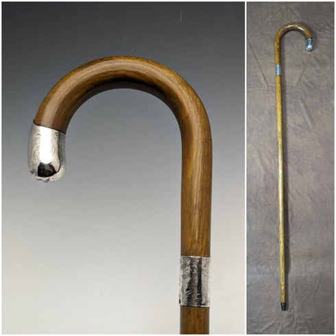 1922年 英國古董 紳士用手杖 棕色杖身 純銀裝飾 彎曲手柄 92cm