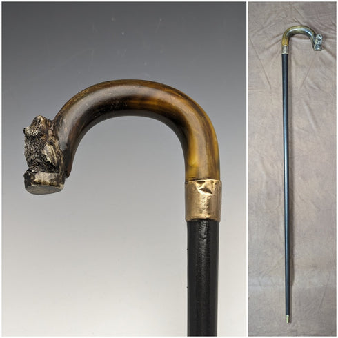 1900年左右 英國古董 紳士用手杖 貓頭鷹裝飾 彎曲角手柄 90cm