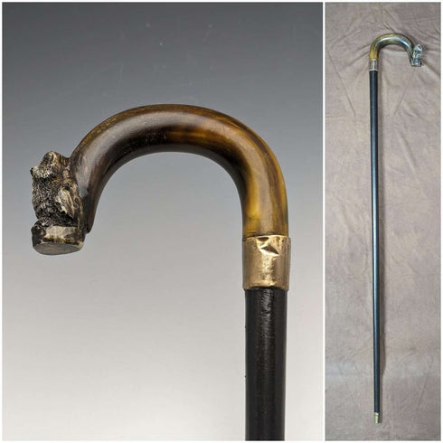 Around 1900 British antique gentleman's walking stick with owl decoration, curved horn handle 90cm