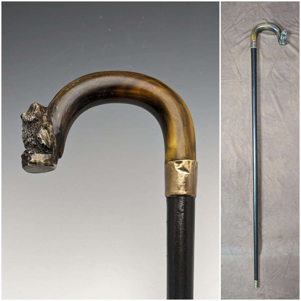 Around 1900 British antique gentleman's walking stick with owl decoration, curved horn handle 90cm
