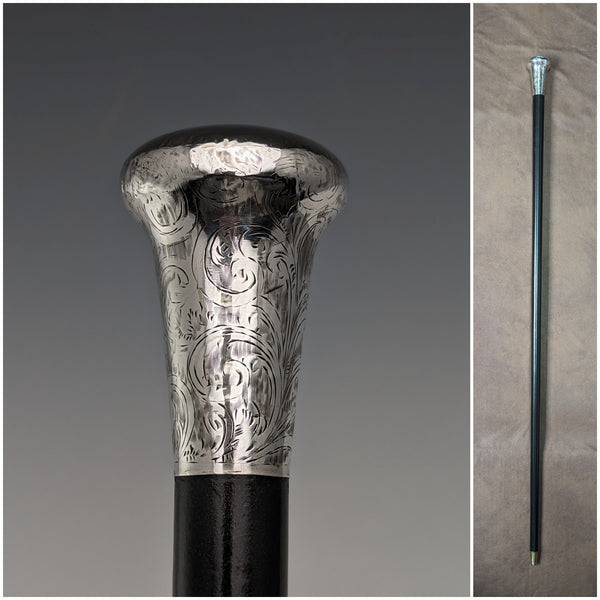 1922年 英国アンティーク 紳士用ステッキ 彫刻純銀 丸ハンドル ブラックシャフト 90cm TD