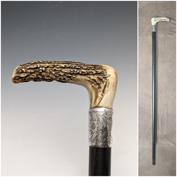 1890 British Antique Men's Cane L-shaped Antler Handle Sterling Silver Decoration Black Shaft 91cm