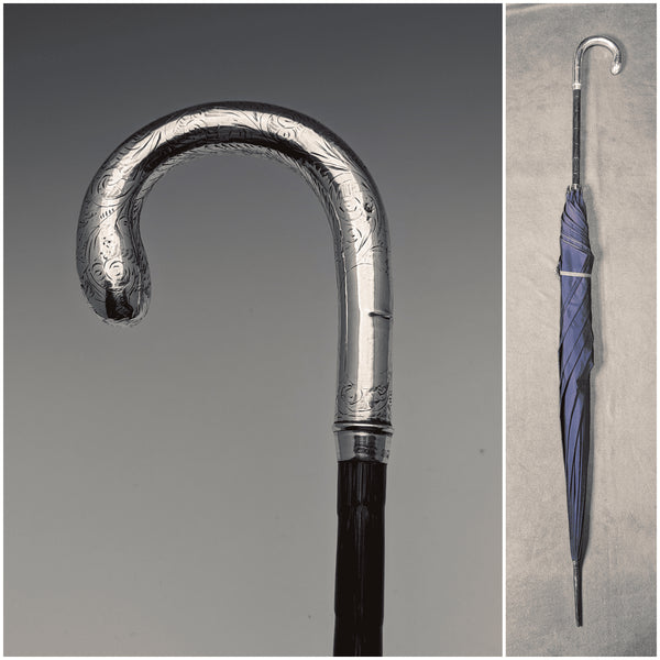 1914 British Antique Ladies Umbrella Sterling Silver Curved Handle 93cm