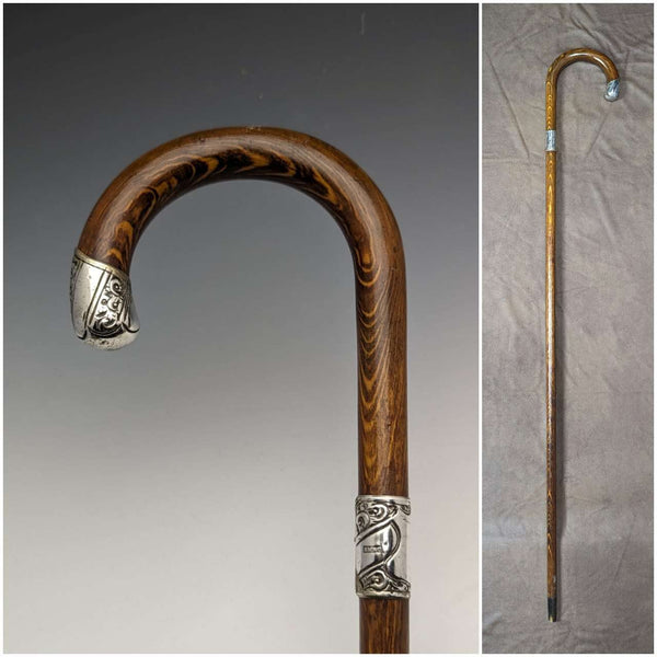 1922年 英國古董 紳士用手杖 茶色杖身 純銀浮雕裝飾 彎曲手柄 90cm