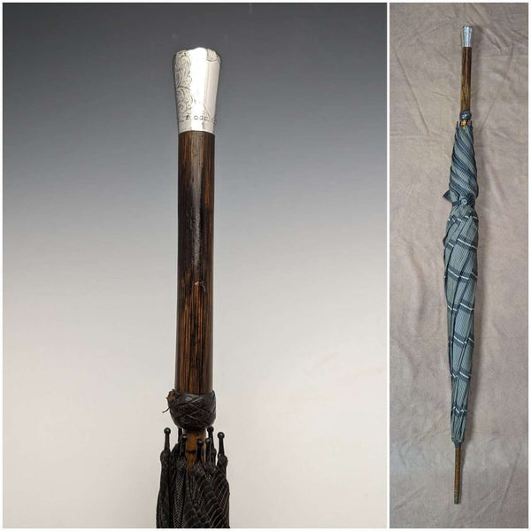 1932年 英國復古 紳士用雨傘 織紋 純銀製 圓形手柄 87cm
