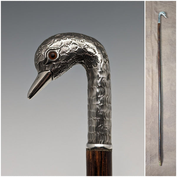 British Antique Women's Walking Stick Silver Swan Head Handle 77cm