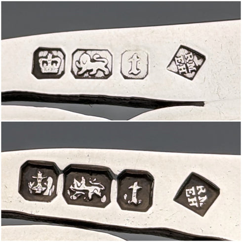 1911 British antique sterling silver serving spoon pair 104g Martin, Hall & Co