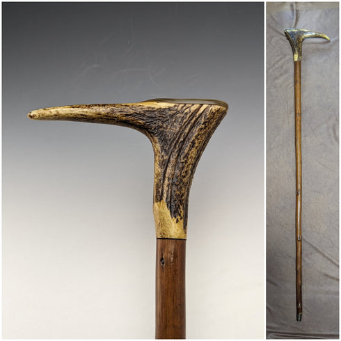 British Vintage Men's Cane Antler Handle Brown Shaft 94cm