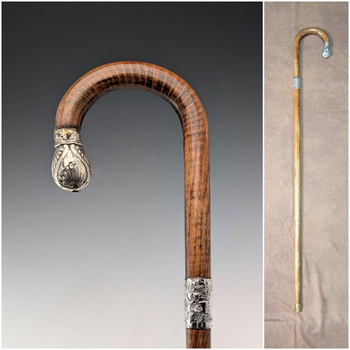 1906 British antique brown shaft, curved handle, pure silver decoration, walking stick, 80cm