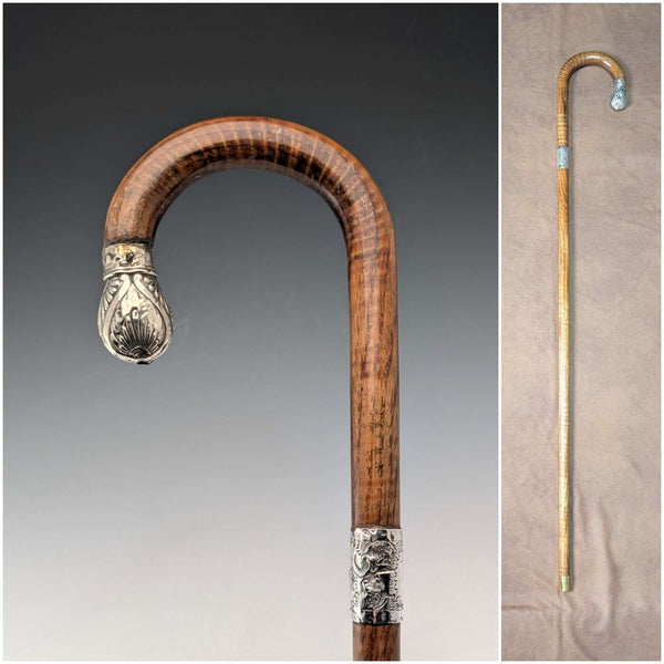 1906年英國古董棕色軸,彎曲手柄,純銀裝飾,手杖,80厘米