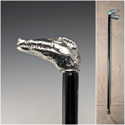 【新品】イタリア製 純銀製クロコダイルヘッドハンドル シャフト ステッキ 杖 89cm