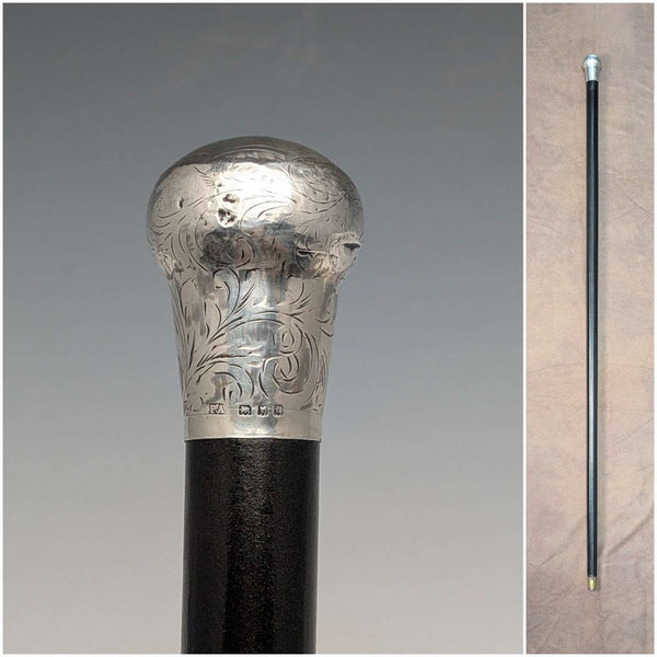 1919年 英国アンティーク ブラックシャフト 純銀彫刻ロンデルハンドル ステッキ 88cm