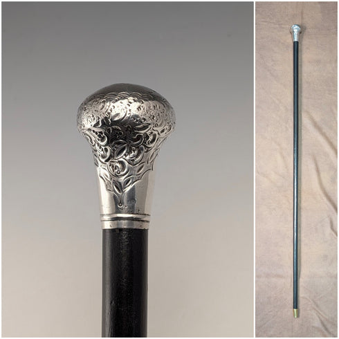 1916年 英国アンティーク ブラックシャフト 純銀ロンデルハンドル 杖 90cm