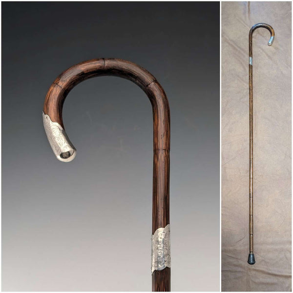 1910 British Antique Brown Shaft, Curved Handle, Pure Silver Decorated Lightweight Walking Stick, 90cm