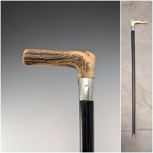 Antique black shaft, sterling silver embellishment, antler L-handle walking stick, 86cm